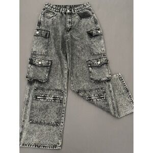 Rise Supply Co Cargo Jeans Womens 9‎ Black Acid Washed Wide Leg Streetwear Y2K
